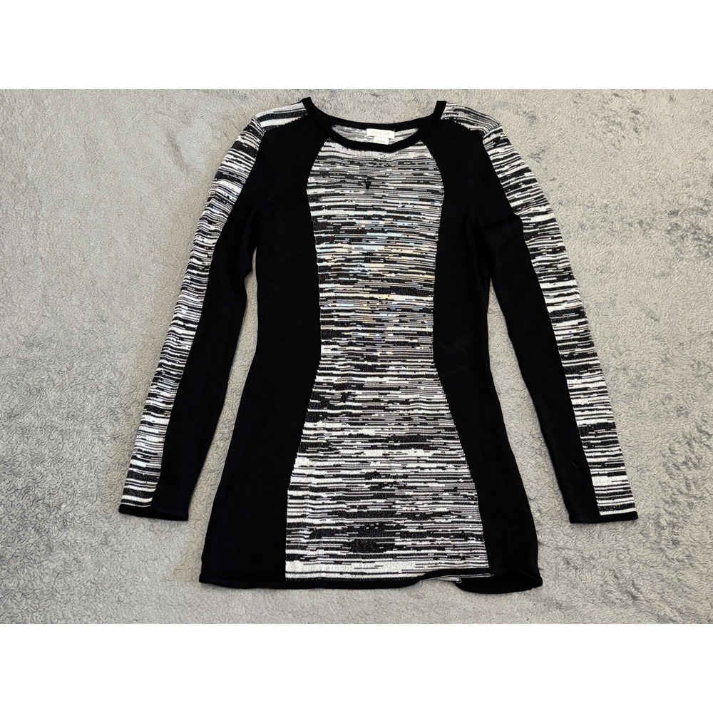 Cache Sweater Womens Small Ribbed Striped Black White Y2K Bodycon Tunic Pullover